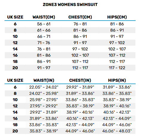 2025 ZONE3 Womens Swimsuit 0 Guida alle taglie